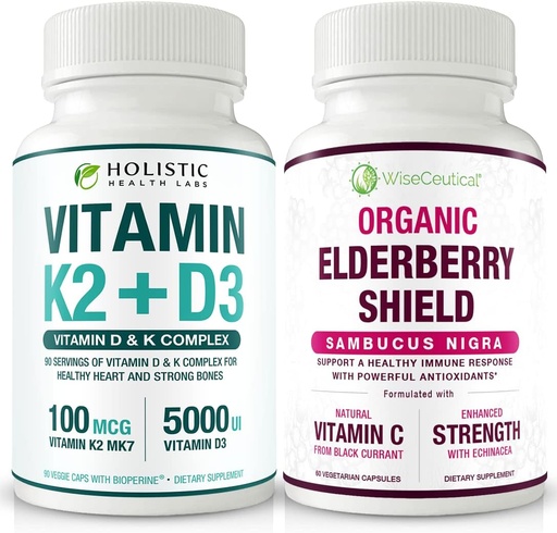 [BRSW2AICCV5AGC3A] Max Absorption Vitamin K2 + D3 & Organic Elderberry with Black Currant and Echinacea | Bone Strength & Calcium Absorption | Immune Support