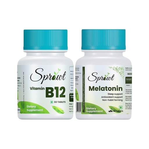 [BRSRY2Y2PMJRYDLZ] Sprowt Sleep & Nerve Health Combo – Non-Habit Forming Melatonin 10mg Tablets (30 Veg) + Plant-Based Vitamin B12 Methylcobalamin Supplements (30s)