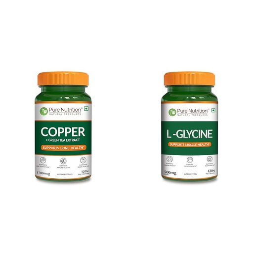 [BRSRYYACOEDRGGTV] Pure Nutrition Copper (1700mcg) Supplement with Green Tea Extract, 120 Veg Capsules | Support Conn | Pure Nutrition L Glycine Supplement (500mg) 120 veg Capsules | Supports Muscle Health, Brain & Sle