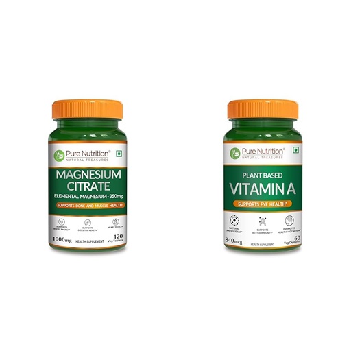 [BRSRYYADDF5RS2D7] Pure Nutrition Magnesium Citrate Tablets 1000mg Per Serving | Magnesium citrate Supplement Support | Pure Nutrition Plant-Based Vitamin A from Beta Carotene | 60 Veg Capsules for Men & Women | Suppor