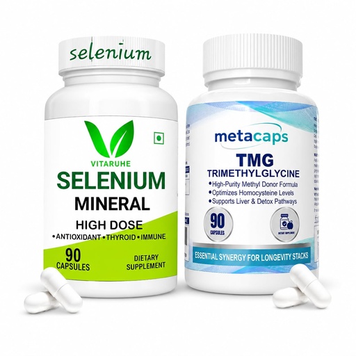 [BRSRYYIFAANQOAYU] Vitaruhe Selenium Mineral + Metacaps TMG (Trimethylglycine) Bundle | Thyroid, Methylation, Liver Detox, Antioxidant & Cardiovascular Support | 90 Capsules Each