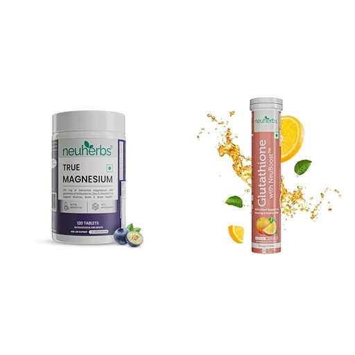 [BRSRYYACOF6AEAL4] Neuherbs Magnesium Bisglycinate Tablets 1600mg | Chelated High Absorption Form True Magnesium with | Neuherbs Glutathione 600mg - 15 Effervescent Tablets For Healthy & Glowing Skin | L-Glutathione Ta