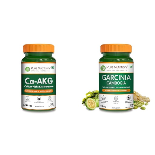 [BRSRYYACOJ6R4ET3] Pure Nutrition Ca-AKG - (500mg) - 30 Veg Capsules | Calcium Alpha-Ketoglutarate Supplements For Ce | Pure Nutrition Garcinia Cambogia (700mg) 60 Veg Capsules For Men & Women with Green Coffee & Seawe
