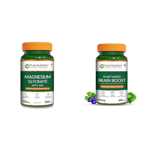 [BRSRYYACOJYQOAL6] Pure Nutrition Magnesium Glycinate with Zinc Supplement 350 mg | High Absorption Magnesium Supplem | Pure Nutrition Plant Based Brain Boost (1010mg) - 60 Veg Capsules | With Brahmi, Ginkgo Biloba & S
