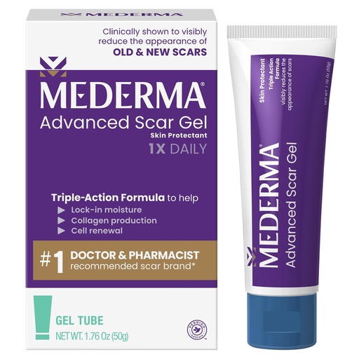 [BRSWYAI2PIBB4HQ6] Mederma Advanced Scar Gel, Treats Old and New Scars, Reduces the Appearance of Scars from Acne, Stitches, Burns and More, 50 Grams
