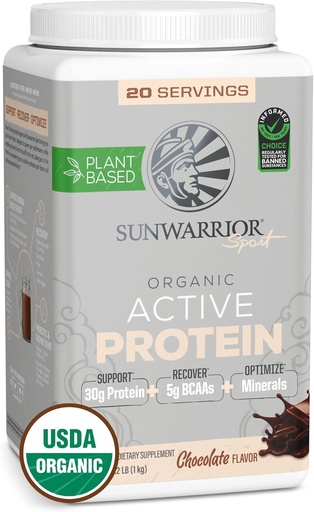 [BRSW2HY3O4HQGFDH] Proteína orgánica baseada en plantas Sunwarrior | Proteína orgánica de Vegan Powder con BCAA Amino Acids Plus Recovery Minerals & Botanicals | Non-GMO Soy Dairy & Gluten Free (Chocolate, 20 Servizos)