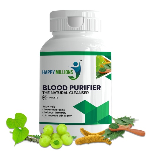 [BRSRAHALOAHGCEQ7] HappyMillions Blood Purifier Ayurvedic Detox for Clear Skin & Pimples Reduction Boosts Immunity with Neem, Giloy, Amla & Haldi Supports Liver Health 2 Tablets Daily For Healthcare Advised 60 Tablets