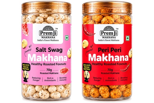 [BRSRYGQPBYMAAHT7] PremJi Makhana Combo Pack | Salt Swag + Peri Peri Flavoured Roasted Fox Nuts | Healthy Snack | Roasted Not Fried | High Protein & Fiber | Gluten Free & Cholesterol Free | Pack of 2 (70g Each)