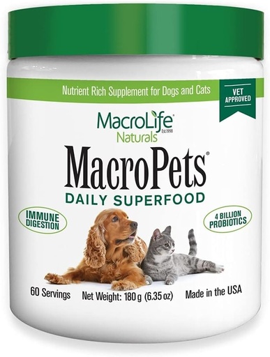 [BRSW2GQDABYREEL2] MacroLife Naturals MacroPets Greens Superfood Supplement Powder Topper for Dog Cat Small Mammal, Natural Nutrition Boost Probiotics Digestive Enzymes Vitamin E - Immune Gut Health & Energy - 6.35oz