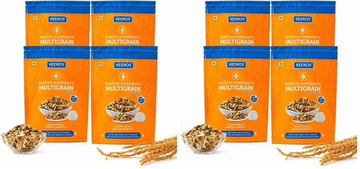 [BRSRYZAOO4MRSCLG] Keeros Multigrain Healthy & Diabetic Friendly Roasted Snacks | Low GI, Crispy, Tasty & Lightly Salted Mix of Pearl Millets & 5 supergrains | Diet Namkeen & Snacks for Weight Loss | Pack of 8x400g