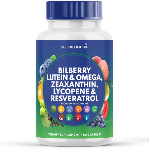 [BRSRAHALBUNWOGY6] Superfood MD Eye Health Vitamins with Bilberry Lutein & Zeaxanthin Lycopene Resveratrol Grape Seed Extract Astaxanthin- AREDS 2 - Eye Vitamin - 60 Capsules