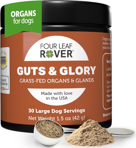 [BRSWYCTYAUCWCF3J] Four Leaf Rover Guts & Glory - Freeze Dried Organs for Dogs - with 100% Grass-Fed New Zealand Beef - Rich in Minerals - Veterinarian Formulated - 30 Large Dog Servings