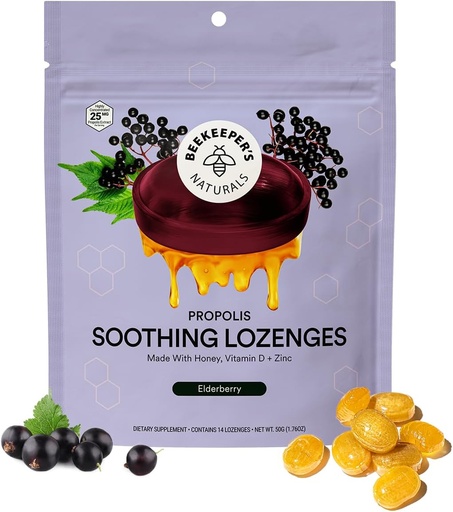 [BRSW2GQQDENRUGQ2] Beekeeper's Naturals Soothing Honeyberry Elder Cough Drops Immune Support D bitamina, Zinc eta Propolis Throat Soothing Lozenges, 14 Ct