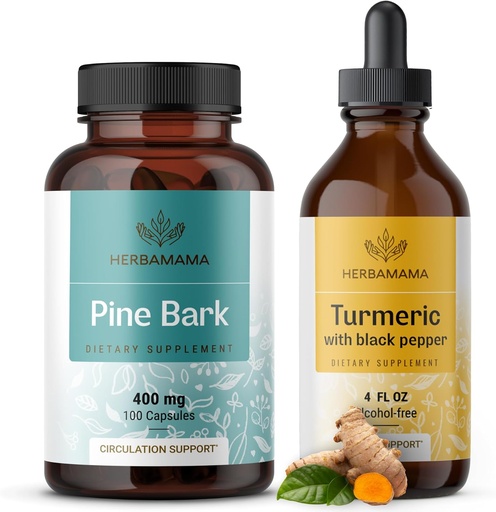 [BRSRAGL2AUFGC2DK] HERBAMAMA Turmeric Extract and Pine Bark Kit - Bundle 400 mg Γαλλικές Ναυτικές Κάψουλες & Turmeric Extract Βάμμα 2 fl oz - Vegan, Μη ΓΤΟ, Ζάχαρη & Αλκοόλ- Δωρεάν - 2 Pack