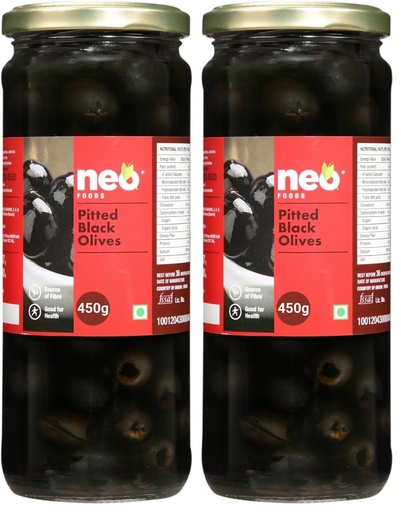 [BRSRYZAOPIFBEG3D] Neo Pitted Black Olives 450g l 1 Jar l Low Fat Ready-to-Eat Healthy Snack, Source of Fibre l Enjoy as Topping for Pizza & Pasta l 450g (Pack of 2)