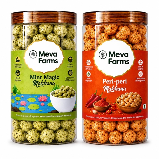 [BRSRYZIKBV7AEDY6] Meva Farms Mint Magic Roasted Makhana 70g & Peri Peri Roasted Makhana 70g (140g) | Combo Pack | Healthy Snack | High Protein, Low Calorie | Gluten Free | Roasted Lotus Seeds | No Palm Oil