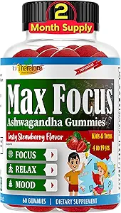 [BRSROFI7AEFQ23DZ] Therefore Max Focus Ashwagandha Calm & Focus Gummies for Kids & Teens, Support Calm Mood, Relaxation, Anti Stress, Memory, Energy, Relaxation, Low Sugar Vegan, Fruity Flavored- 60 Gummies