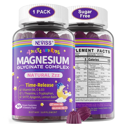 [BRSRAFQCO4IR43TX] Magnesium Glycinate Gummies for Adults & Kids 4+, Sugar Free Magnesium Bisglycinate Supplement 400/200mg with B6D3, 5HTP, L-Theanine for Sleep & Relaxation, Brain, Muscle, Melatonin Free Gummies,1Pack