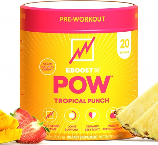 [BRSWK234DJ5RY2L2] EBOOST POW Natural Pre Workout Powder - 20 Servings - Tropical Punch - PředWorkout Dodatek pro výkon, Společná podpora mobility, Energie, Zaměření - Muži a ženy - Non- GMO, gluten- Free, No Creatine