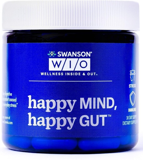 [BRSRMZICBYDWMYD7] Swanson WIO Happy Mind, Happy Gut Stress Support, Digestive Support, Probiotics Promote Gut Microflora, Better, Cognitive Health, Wellness, 30 Veggie Capsules (30-Day Supply)