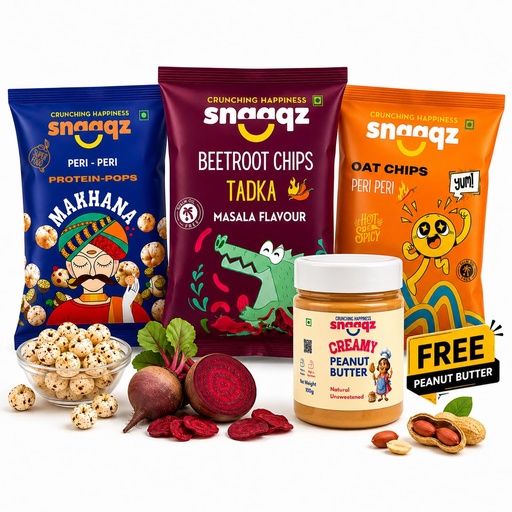 [BRSRYZI2BN5QOHQ7] Snaaqz Healthy Snacks Combo (Beetroot Chips, Peri Peri Makhana & Oat Chips) + FREE Peanut Butter | High Protein, Gluten Free, No Palm Oil | Crunchy Diet Snacks Pack