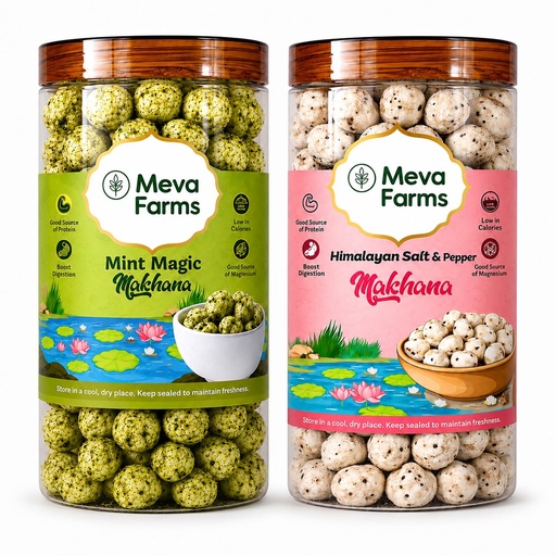 [BRSRYZIKBUPQKCDZ] Meva Farms Mint Magic Roasted Makhana 70g & Himalayan Salt & Pepper Roasted Makhana 70g (140g) | Combo Pack | Healthy Snack | High Protein, Low Calorie | Gluten Free | Roasted Lotus Seeds | No Palm Oil