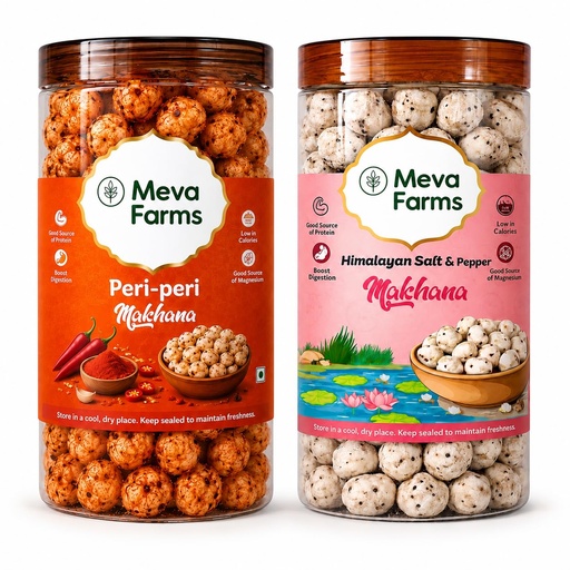 [BRSRYZIKOZ7B4GT6] Meva Farms Peri Peri Roasted Makhana 70g & Himalayan Salt & Pepper Roasted Makhana 70g (140g) | Combo Pack | Healthy Snack | High Protein, Low Calorie | Gluten Free | Roasted Lotus Seeds | No Palm Oil