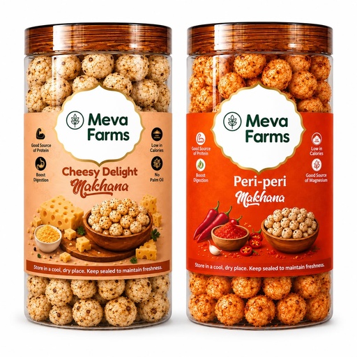 [BRSRYZIKCEBAKDLK] Meva Farms Cheesy Delight Roasted Makhana 70g & Peri Peri Roasted Makhana 70g (140g) | Combo Pack | Healthy Snack | High Protein, Low Calorie | Gluten Free | Roasted Lotus Seeds | No Palm Oil