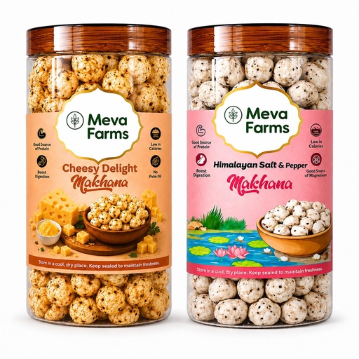 [BRSRYZIKBUIR4FDF] Meva Farms Cheesy Delight Roasted Makhana 70g & Himalayan Salt & Pepper Roasted Makhana 70g (140g) | Combo Pack | Healthy Snack | High Protein, Low Calorie | Gluten Free | Roasted Lotus Seeds | No Palm Oil