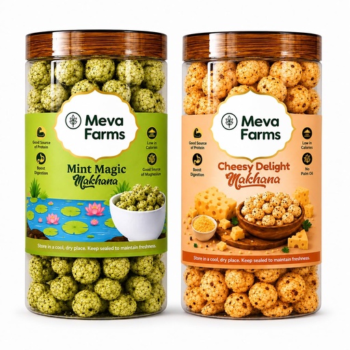 [BRSRYZIKOUFR6YLJ] Meva Farms Mint Magic Roasted Makhana 70g & Cheesy Delight Roasted Makhana 70g (140g) | Combo Pack | Healthy Snack | High Protein, Low Calorie | Gluten Free | Roasted Lotus Seeds | No Palm Oil