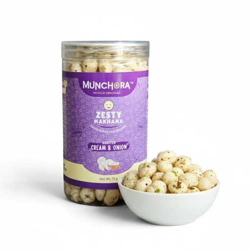 [BRSRECQRDIJWEDYU] Munchora Premium Zesty Cream & Onion Makhana - 70g | | Roasted, Not Fried | Healthy Snack | No Preservatives | Cholesterol Free | Rich In Protein & Fiber | Ready-to-Eat Snack | (70g x 1 Packs)