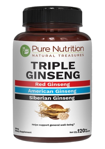 [BRSRO2YOBUIGMYDU] Pure Nutrition Triple Ginseng 650mg | 120 Caps | Complex for Men and Women | Highly Effective Combination of Red, American and Siberian Ginseng. Non GMO