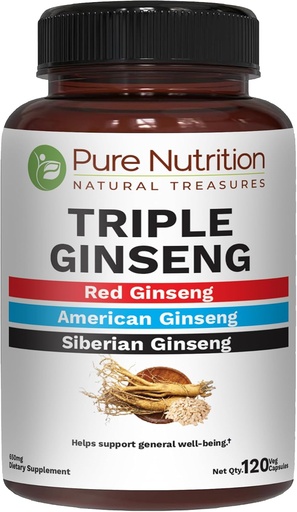 [BRSRO2YOBUIGMYDU] Pure Nutrition Triple Ginseng 650mg | 120 Caps | Complex for Men and Women | Highly efficient Combination of Red, American and Siberian Ginseng. Ez GMO