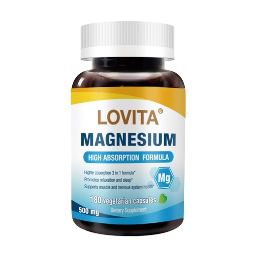[BRSROCQBOIAWACTU] LOVITA Triple Magnesium Complex 500mg, High Absorption and Potency Formula, Glycinate, Citrate & Oxide, Support Sleep, Relaxation, Heart, Nerves & Bone Health, 180 Vegan Capsules