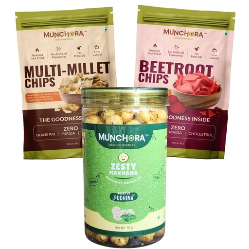 [BRSRGBIBBB7RUCLD] Munchora Healthy Snack Combo – Multi Millet Chips, Beetroot Chips & Zesty Pudina Makhana | Roasted, Not Fried | No Maida, No Palm Oil | Low Calorie Diet Snacks | High Fiber | 3 Pack Combo