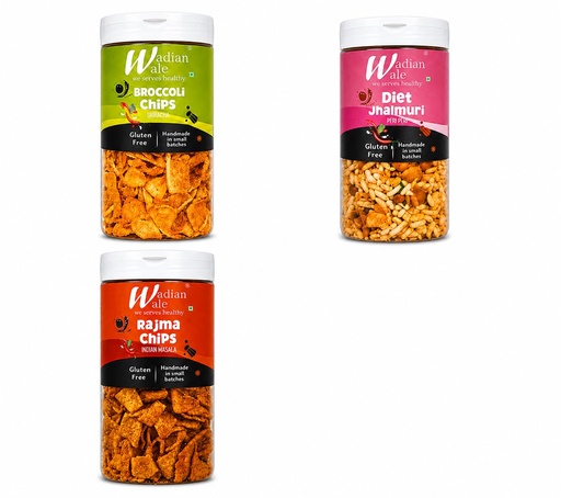[BRSRYZD3BZ7AYC3J] Wadianwale Healthy Diet Broccoli Sriracha Gluten Free Chips & Peri Peri Diet Jhalmuri, & Rajma Masala Gluten Free Chips (Pack of 3)
