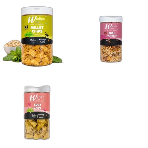 [BRSRYZD3PJ7GA2TV] Wadianwale Healthy Diet Multimillet Mint Gluten Free Chips & Peri Peri Diet Jhalmuri, & SOYA Pudina Gluten Free Chips (Pack of 3)