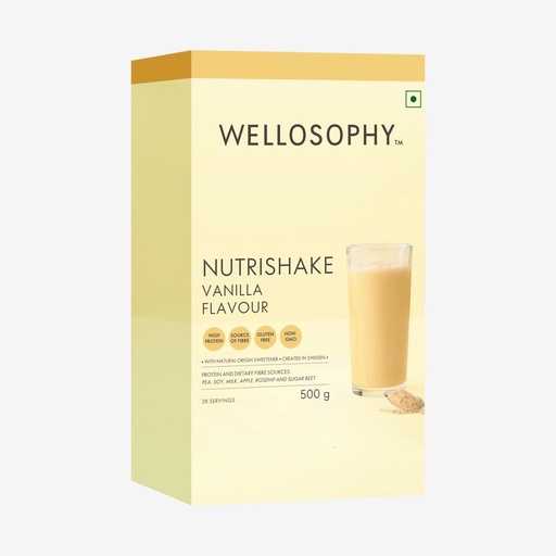 [BRSRYYIKOAFBODI7] Wellosophy Nutrishake Natural Vanilla Flavour Protein Powder | High Protein and Fibre Nutrition Shake | Whey Soy and Pea Protein | Gluten Free Vegetarian (500g)