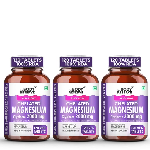 [BRSRA2Q5BUBRQAIZ] The Body Reserve Magnesium Glycinate Supplement 120 Veg Tablets, 2000mg Per Serving, High Absorption Chelated Form, helpful in Muscle & Nerve Relaxation, Better Sleep Quality for Men, Women, Pack of 3