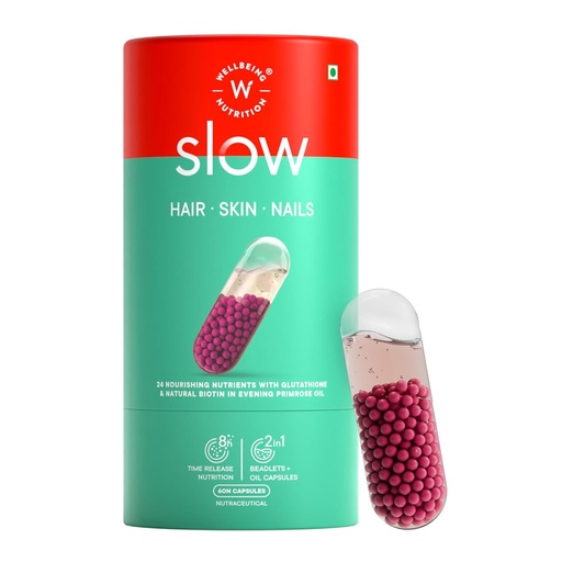 [BRSW2BIPOJ6BUHL6] Wellbeing Nutrition Slow Skin Hair and Nails Capsules for Women & Men 10,000mcg Biotin, Keratin, Vit C, Glutathione, HLA, Primrose Oil | Glowing Skin, Strong Hair & Nails, DHT blocker, 60 Capsules