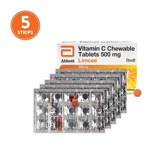 [BRSRGAIOO4HA2ADA] Limcee Chewable Natural Vitamin C Chewable Tablets 500mg || Tangy Orange Flavour || Boost Immunity || Supports Energy || Antioxidant || Skin Care || Men and Women -15 Tabs (Pack of 5)