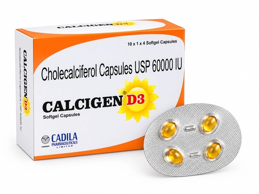 [BRSRYGA3AV5QIYDP] Calcigen D3 60000 IU Cholecalciferol Softgel Capsules | Vitamin D3 Supplement for Bone & Teeth Health, Calcium Absorption, Immunity & Muscle Function | 5 x 1 x 4 Softgels (once a week)