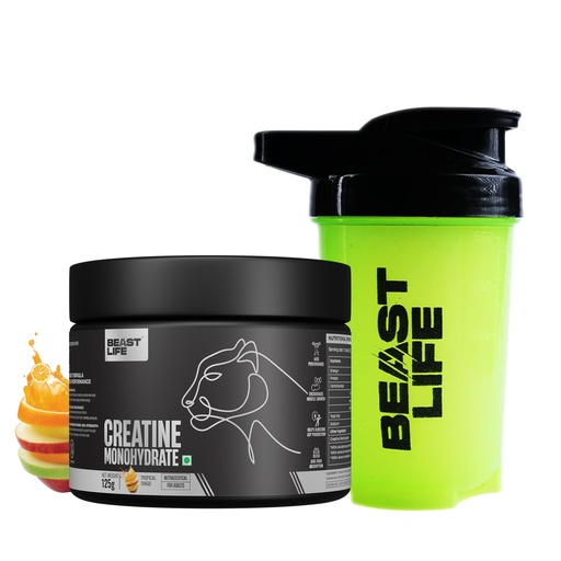[BRSRGHQPCUAR623B] BeastLife Micronised Creatine Monohydrate with Free Shaker | 125g | 33 Servings | Tropical Tango | NABL Lab Tested | Rapid Absorption for Muscle Strength & Athletic Performance | Super Micronised Creatine Powder