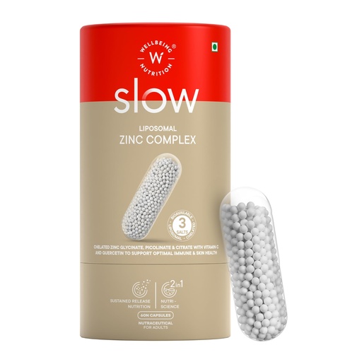 [BRSRGBINPIGRAAAV] Wellbeing Nutrition Liposomal Zinc Complex 100% RDA|Chelated Zinc Picolinate, Glycinate & Citrate With Quercetin, Vitamin C, Copper|High Absorption|Immunity, Skin, Hair & Cellular Health| 60 Capsules