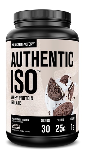 [BRSROZIFC4JQ43I7] Jacked Factory Authentic ISO Whey Protein Isolate Powder - Low Carb, Non-GMO Muscle Building Protein w/No Fillers, Post Workout Recovery - 30 Servings, Cookies & Cream