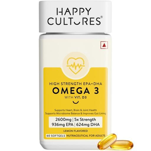 [BRSREAINCQMBYA35] Happy Cultures 5X Omega 3 Fish Oil Capsules | 5X Strength 2600 Mg | 936 mg EPA & 624 mg DHA | No Fishy Burp | For Brain, Heart, & Joint Health | Lab Tested | Lemon Flavour- 60 Softgel for Men & women