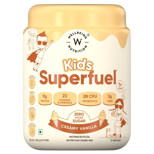 [BRSRGYY2CIFGECLX] Wellbeing Nutrition Kids Superfuel 7+years |Zero Added Sugar |9g Milk Protein Isolate, 23 Vitamins & Minerals, 100mg DHA, 3g Fiber, Probiotics |Height Growth, Immunity & Brain| Vanilla, Nutrition Drink Powder, 400g