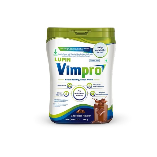 [BRSRAFQYOV5AGHTZ] Lupin Vimpro Nutritional Chocolate Protein Powder, Supports Muscle Strength & Growth, Helps in Heart and Brain Health, Helps in Recovery, No Gluten, Protein Supplement with CoQ10, ALA, Inositol & FOS, With Vitamin Minerals & Protein, 400g