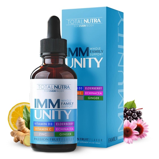 [BRSWYBQDOR5RG3LP] Total Immune 6-in-1 Liquid Multivitamin Supplement | 100% Daily Zinc, Vitamin D3, Vitamin C Immunity Drops Vitamin Liquid | Elderberry, Echinacea, Ginger Support for Adults & Kids | 4 oz Passion Fruit