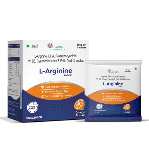 [BRSRGHACOYFBYGTX] Hayman Natural's L-Arginine Powder Sachets - Sugar Free, L-Arginine Supplement Powder for Pre-Workout, Muscle Recovery & Stamina for Men & Women, Orange Flavour, 5g, 10 Sachets
